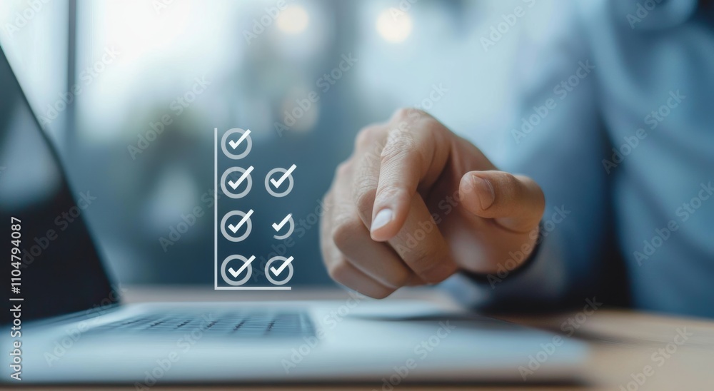 Aufkleber hand pointing to checklist icon on laptop for document quality control and project approval