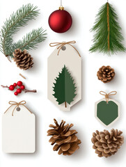Obraz premium Collection of Christmas decorations featuring pine cones, tags, and ornaments. arrangement includes festive elements like red bauble, greenery, and holiday themed tags, creating cheerful atmosphere