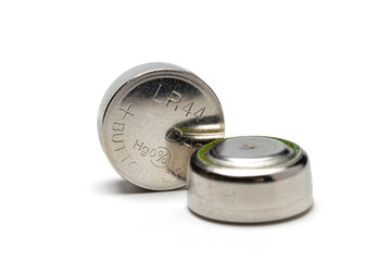 close up view of LR44 button cells or battery. Isolated in white background.