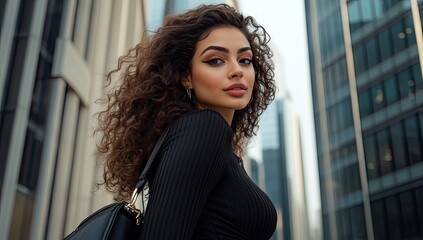 Fototapeta premium an attractive woman with curly brown hair, wearing a black shirt and pants, standing outside and holding her handbag