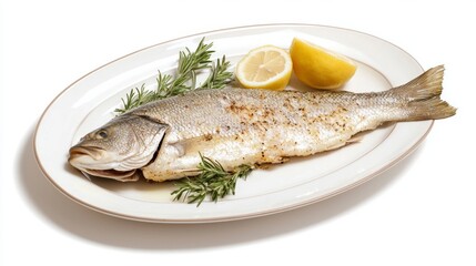 Fresh Whole Fish on Rustic Platter: Detailed Capture of Shiny Scales and Firm Flesh with Herbs and Lemon Garnish