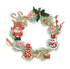 Spruce wreath Nutcracker in steampunk style with soldiers, bear and bunny, holly, red berries, bugle, drum, saber, caramel, gift watercolor illustration. Christmas decoration Isolated from background.