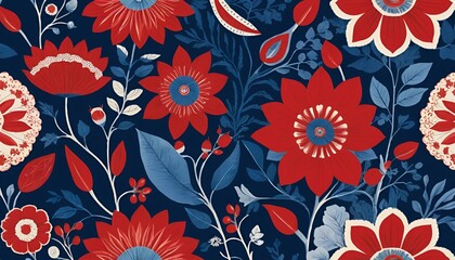 a pattern of red flowers on a blue background