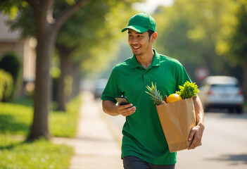 Asian delivery man showing smartphone and holding fresh food paper bag