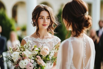 Two Loving Brides at Wedding Ceremony in Beautiful Outdoor Setting