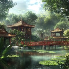 Tranquil Asian Garden with Red Bridge and Misty Fog.