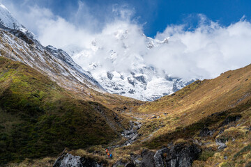 Snowy mountain peaks during trekking in Annapurna Himalayas, Nepal