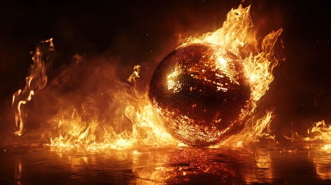 A fiery disco ball surrounded by flames, creating a dramatic visual effect.