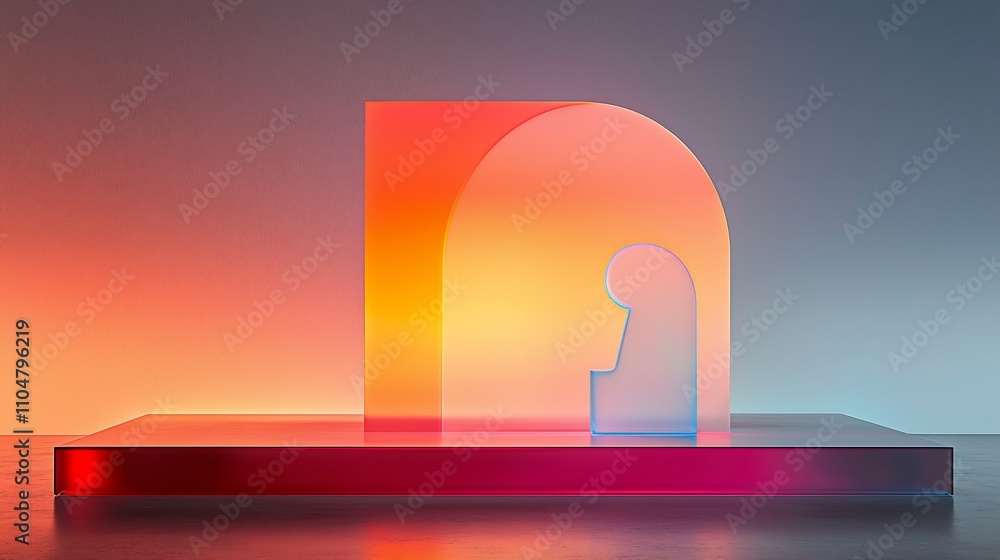 Poster abstract geometric translucent forms on a platform. vivid colors and lighting create a modern, minim