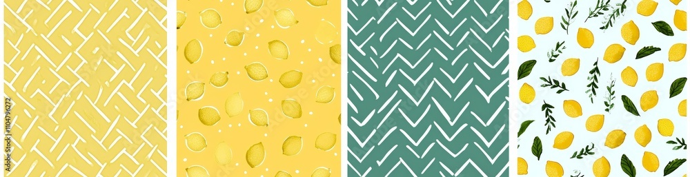 Poster seamless fabric pattern with lemons dots chevrons and abstract shapes for textile design