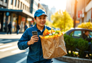 Asian delivery man showing smartphone and holding fresh food paper bag