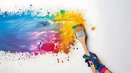 hand in glove holding paint brush with rainbow color paint splash on white wall. created with Generative AI technology