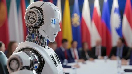 A robotic diplomat negotiating peace talks in a global summit, diverse delegates and diplomatic decorum, International diplomacy style