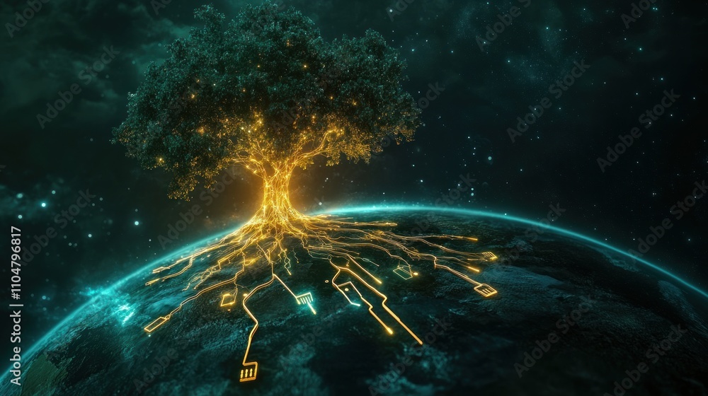 Poster a glowing tree with circuit-like roots emerging from a planet, symbolizing technology and nature.