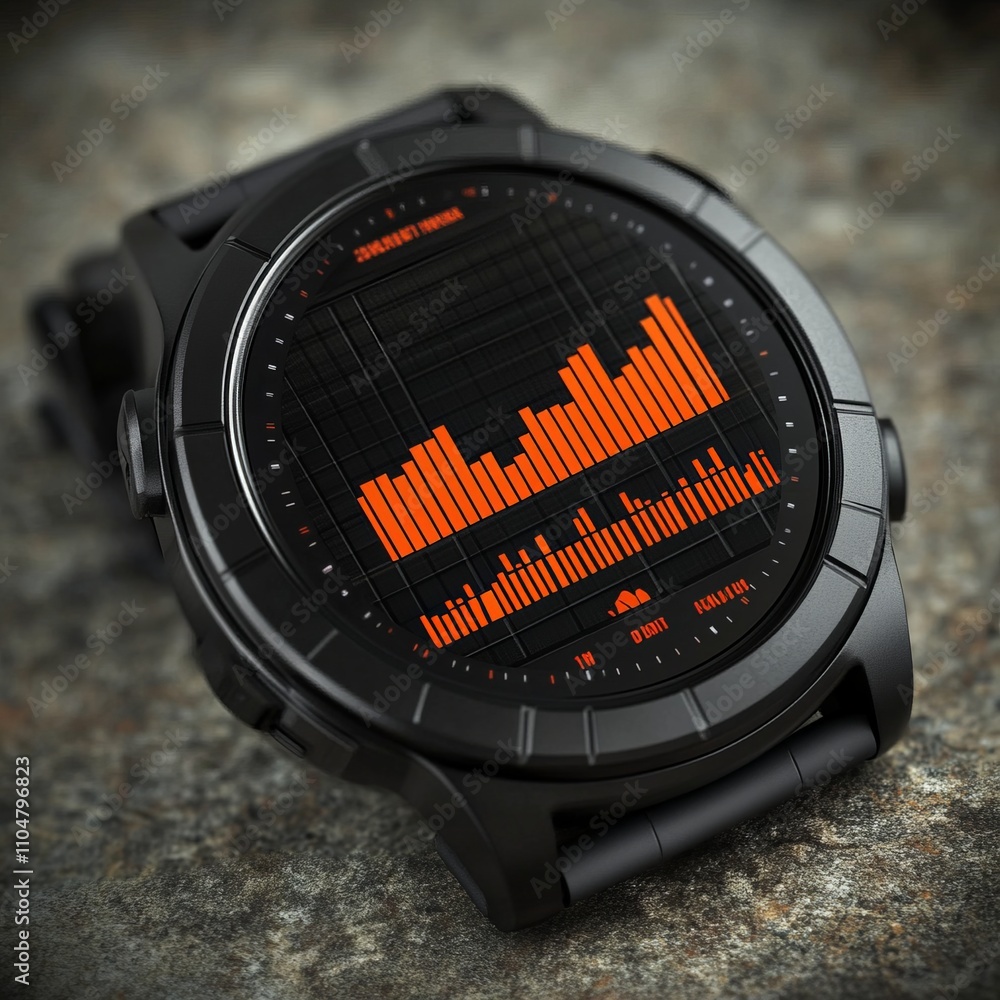 Poster black smartwatch displaying orange data graphs on dark background.