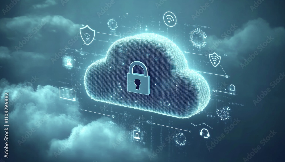 Poster cloud security concept with lock and network connections on a blue background