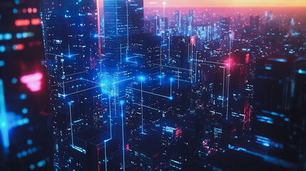 Smart digital city with connection cyber security network reciprocity over the twilight cityscape.future wireless digital city and social media networking systems that connects people within the city