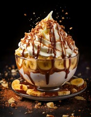 A dessert with banana slices and chocolate drizzle on top
