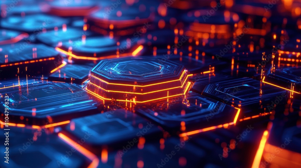 Poster a vibrant, futuristic digital landscape with hexagonal patterns and glowing lines.