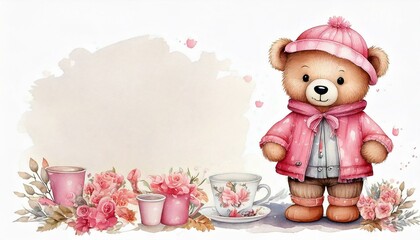 Naklejka premium The bear is wearing a pink coat and a pink hat, watercolor painting, Card with cute little bear and bright flowers for writing messages