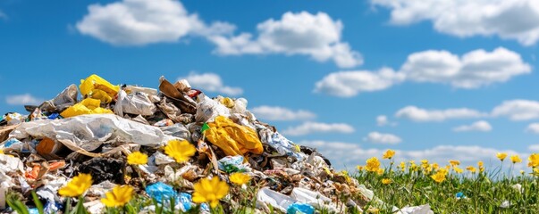 environmental consideration pollution and nature. Littered waste among blooming flowers under a blue sky.