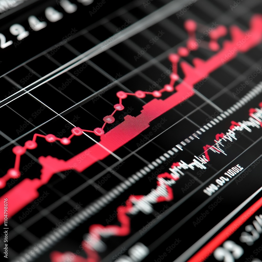 Poster close-up of a red stock market graph line on a dark screen showing fluctuating data points and numbe