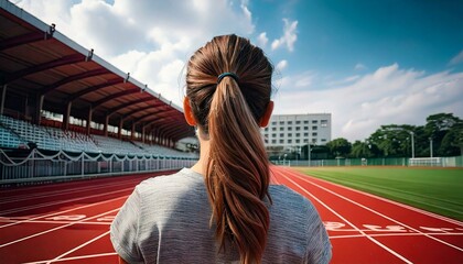 A woman with long brown hair stands on a track, looking ahead, Look ahead on the running field to reach your destination.