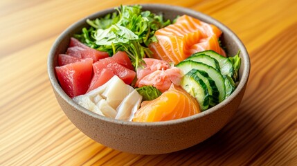 Fresh and Vibrant Fish Salad Bowl with a Variety of Textures | Close-up Ultra-Detailed Food Photography
