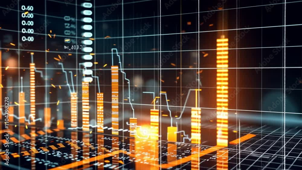 Poster dynamic financial data visualization showcasing glowing graphs and charts, highlighting market trend