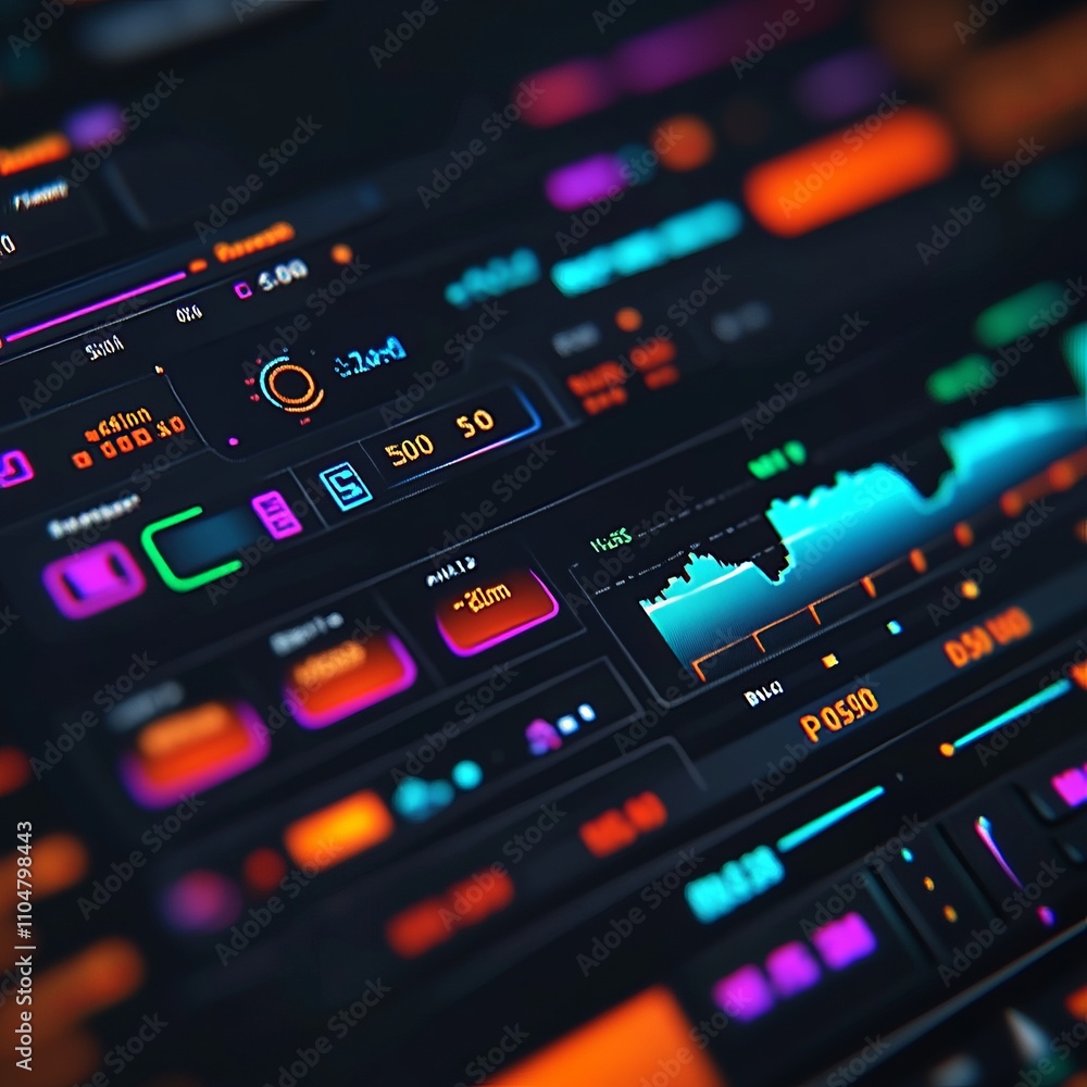 Poster close-up of a vibrant digital dashboard displaying various data points, graphs, and metrics.