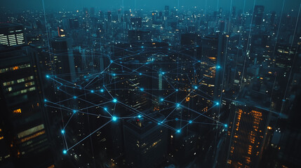 Smart digital city with connection cyber security network reciprocity over the twilight cityscape.future wireless digital city and social media networking systems that connects people within the city