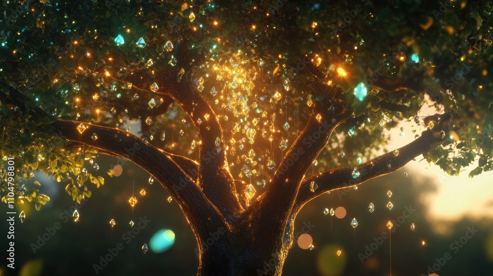 Poster a magical tree illuminated by sparkling lights and crystals, creating an enchanting atmosphere.