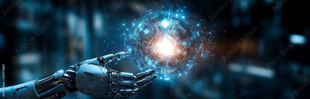 Poster robotic hands interacting with holographic sphere in futuristic technology and artificial intelligen