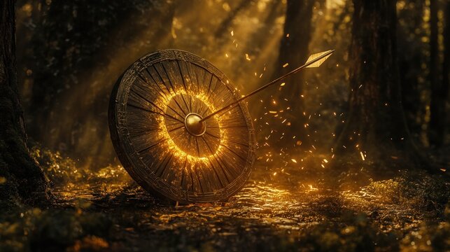 A glowing shield with an arrow embedded, surrounded by a mystical forest ambiance.