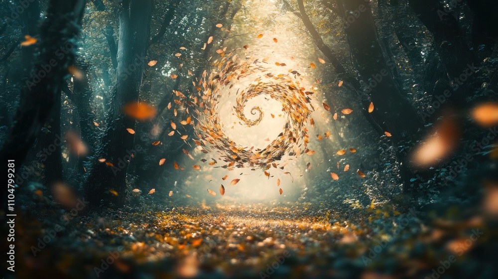 Poster a mystical forest scene with swirling leaves and light beams creating a serene atmosphere.