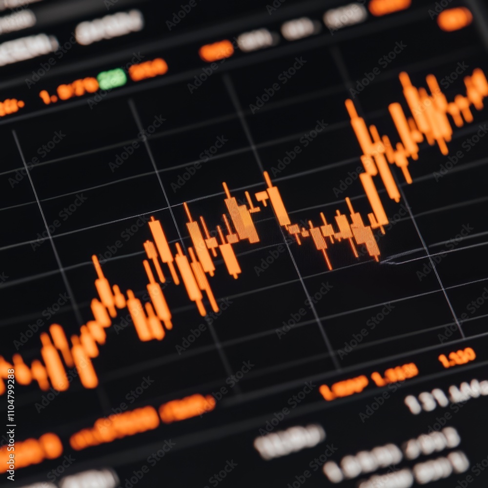Aufkleber close-up of stock market data displayed on a screen, showing an orange line graph fluctuating on a d