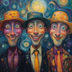 Obraz premium A vibrant abstract art piece featuring three expressive people, reflecting the complexities of the mind and mental energy in dynamic forms.
