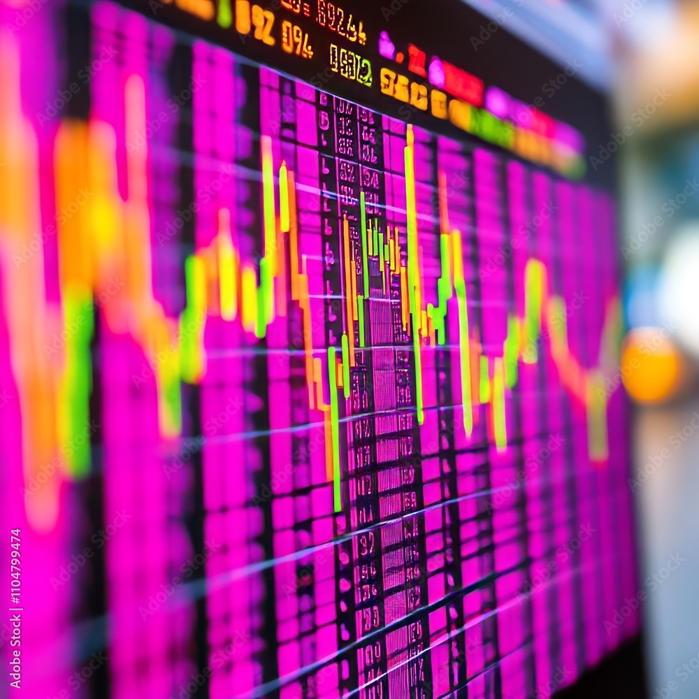 Poster close-up of vibrant stock market data on a monitor, showing fluctuating graphs and numerical data.