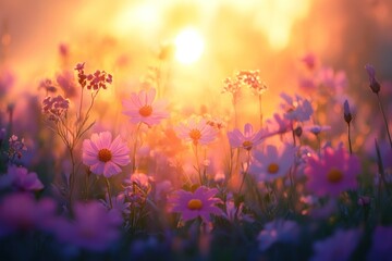 A field of pink and white flowers glow in the warm light of a sunset.