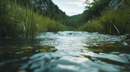 Fototapeta premium A serene stream flows through lush greenery, reflecting the tranquility of nature.