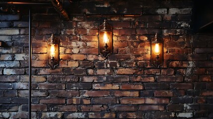 Fototapeta premium A vintage brick wall with a distressed appearance, featuring old-fashioned fixtures and lighting