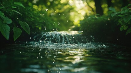 A serene stream with glistening water droplets amidst lush greenery.