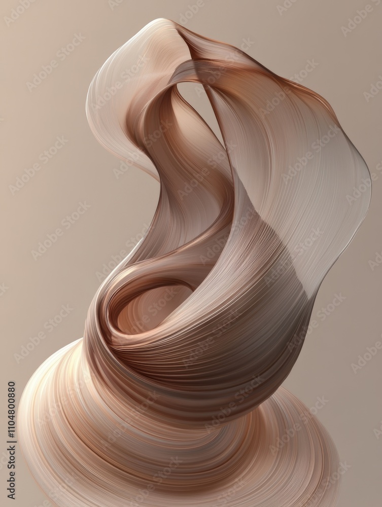 Poster abstract digital art 3d background display with brown silk ribbon and metallic ring for luxury produ