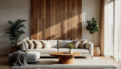 A modern and minimalist living room with a large wooden wall panel, a white sofa, a round wooden coffee table.
