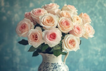 Obraz premium A bouquet of light pink roses arranged in a white pitcher with a floral pattern against a blue background.
