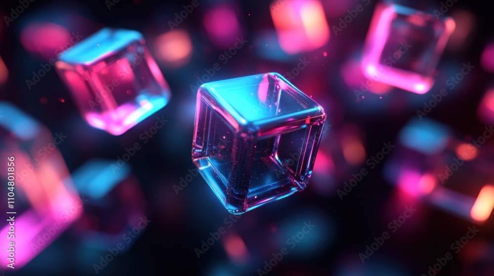 Aufkleber abstract neon cubes floating in the dark with a blurred background.