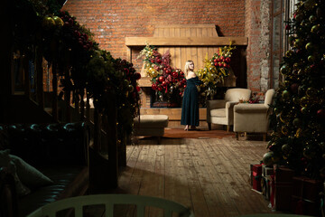 woman celebration fireplace cozy holiday alone new year girl christmas tree young home