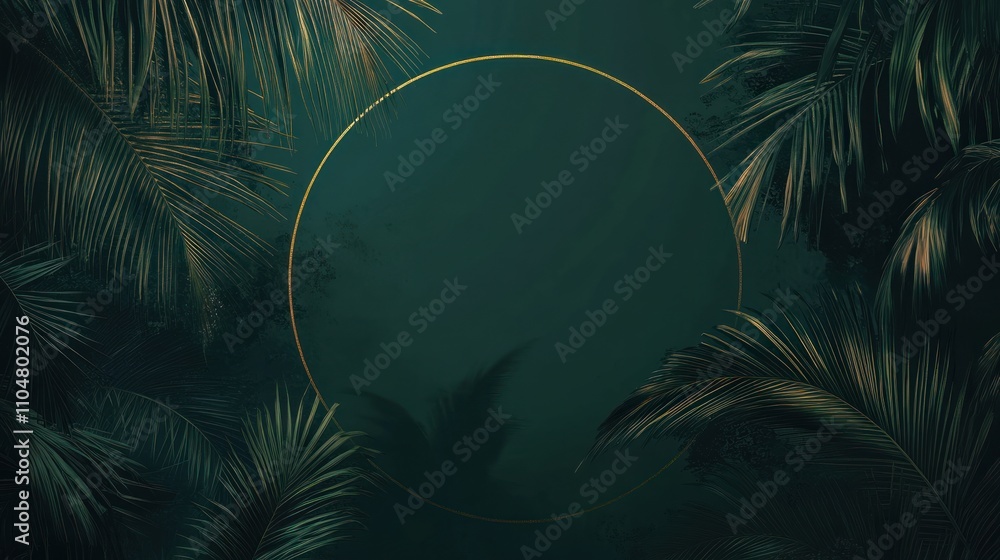 Poster a serene tropical background with palm leaves and a circular frame for text or images.