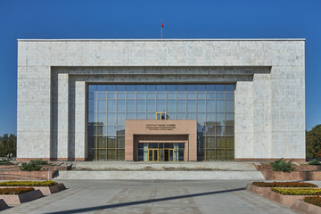 Building of National Historical Museum of Kyrgyz Republic. Ala-Too, main square of country, Bishkek, Kyrgyzstan. No people, nobody. Rectangular building, city architecture