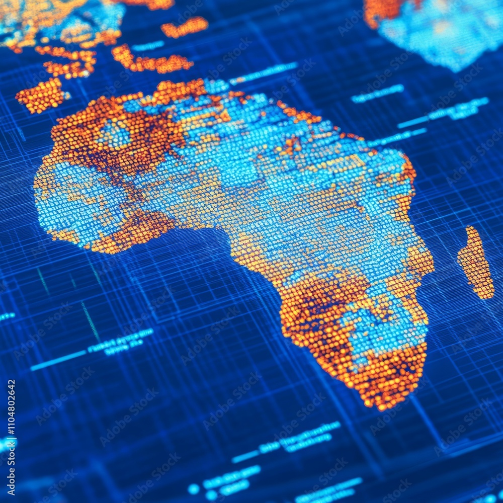 Poster digital world map highlighting africa with glowing data points.